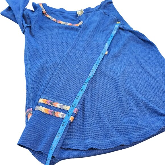 Free People Womens Blue Waffle Knit Henley Top With Embroidered Trim Size S - Picture 5 of 8